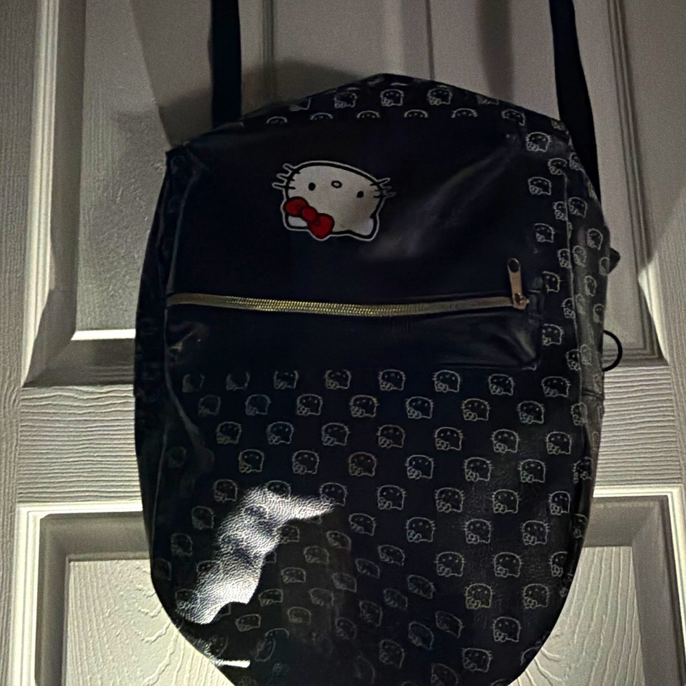Hello Kitty Faux Leather Backpack Black Allover Print Adjustable Zip Pocket